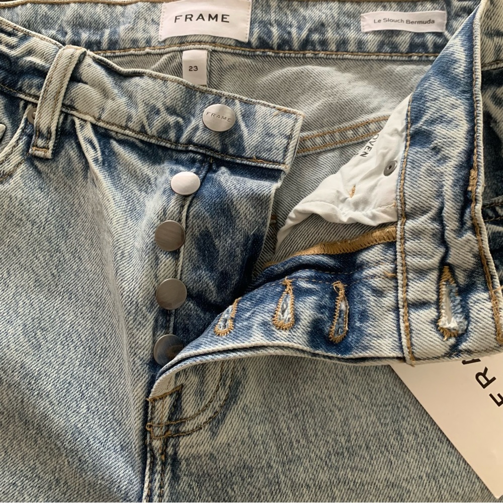 FRAME Le Slouch Bermuda Shorts Raw Hem Button Fly Blue Denim Size 23 NWT - Picture 6 of 13